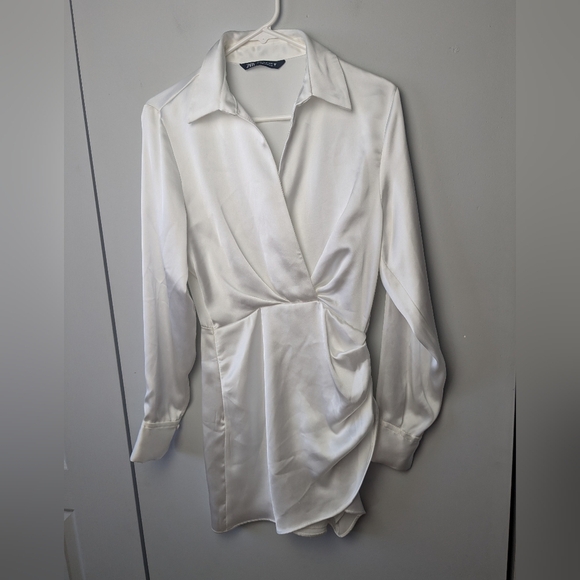 ZARA white Silk Texture Short Dress Size XS Size Zipper Long Sleeves - Picture 3 of 13